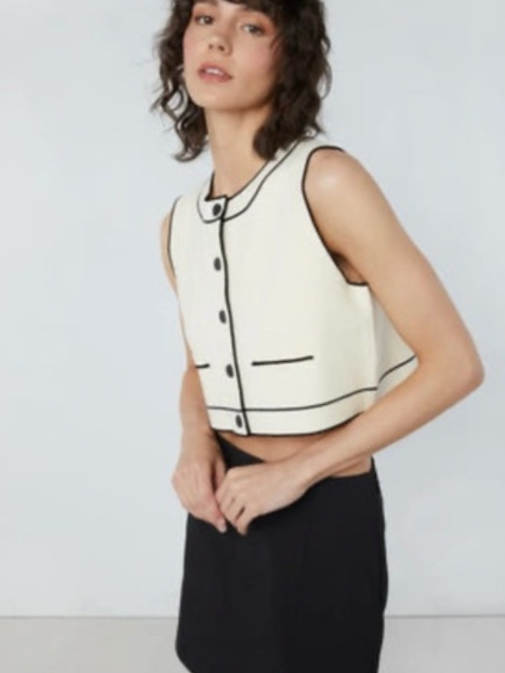 OAK + FORT Cream Cropped Vest with Black Trim